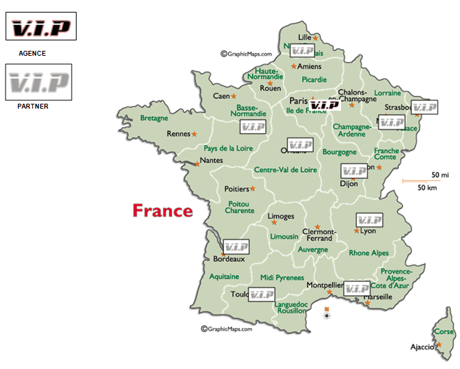 carte-France-vip-pneu Carte de la France représentant les agences VIP Pneu et les partenaires sur le territoire